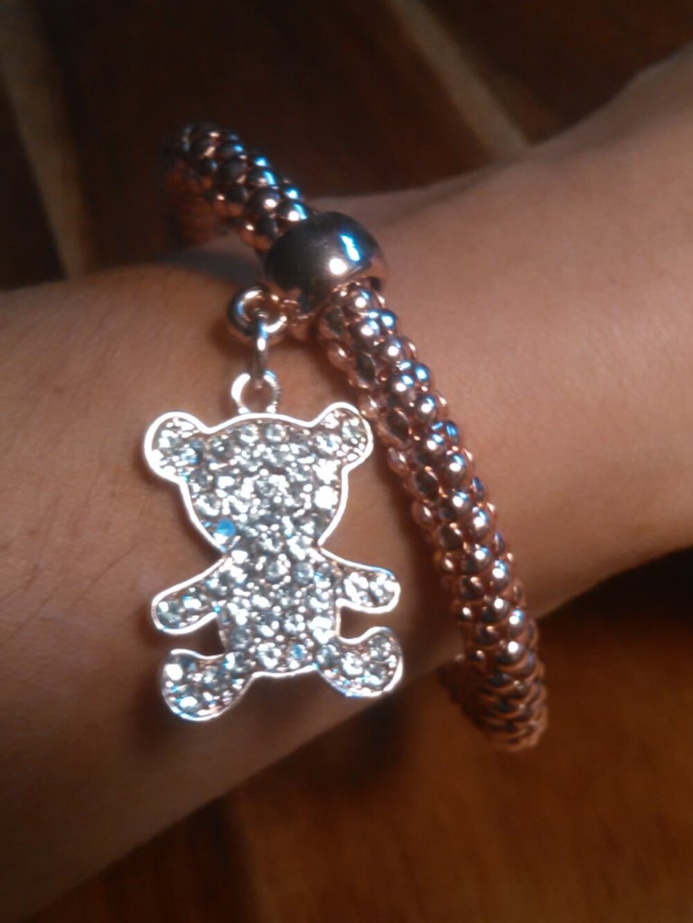 White Austrian Crystal Teddy Bear Rose Goldtone Stretch Bracelet